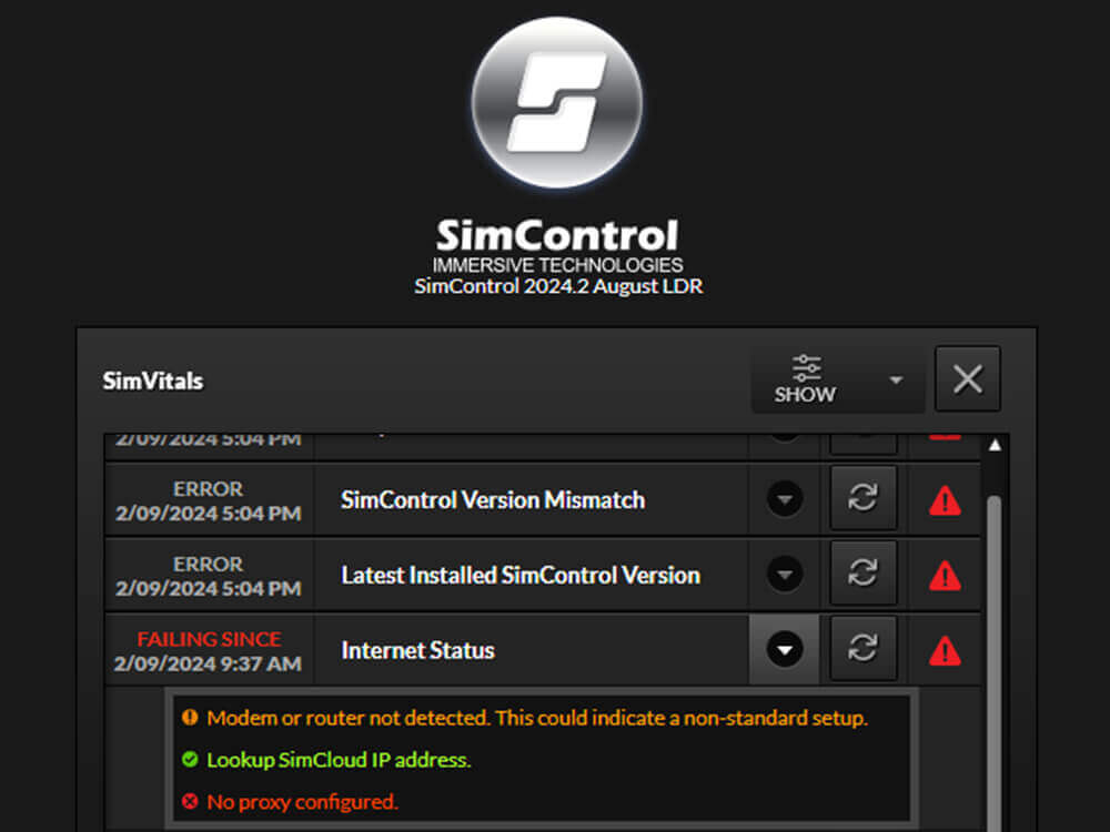 SimControl - Autoverificações de saúde do simulador